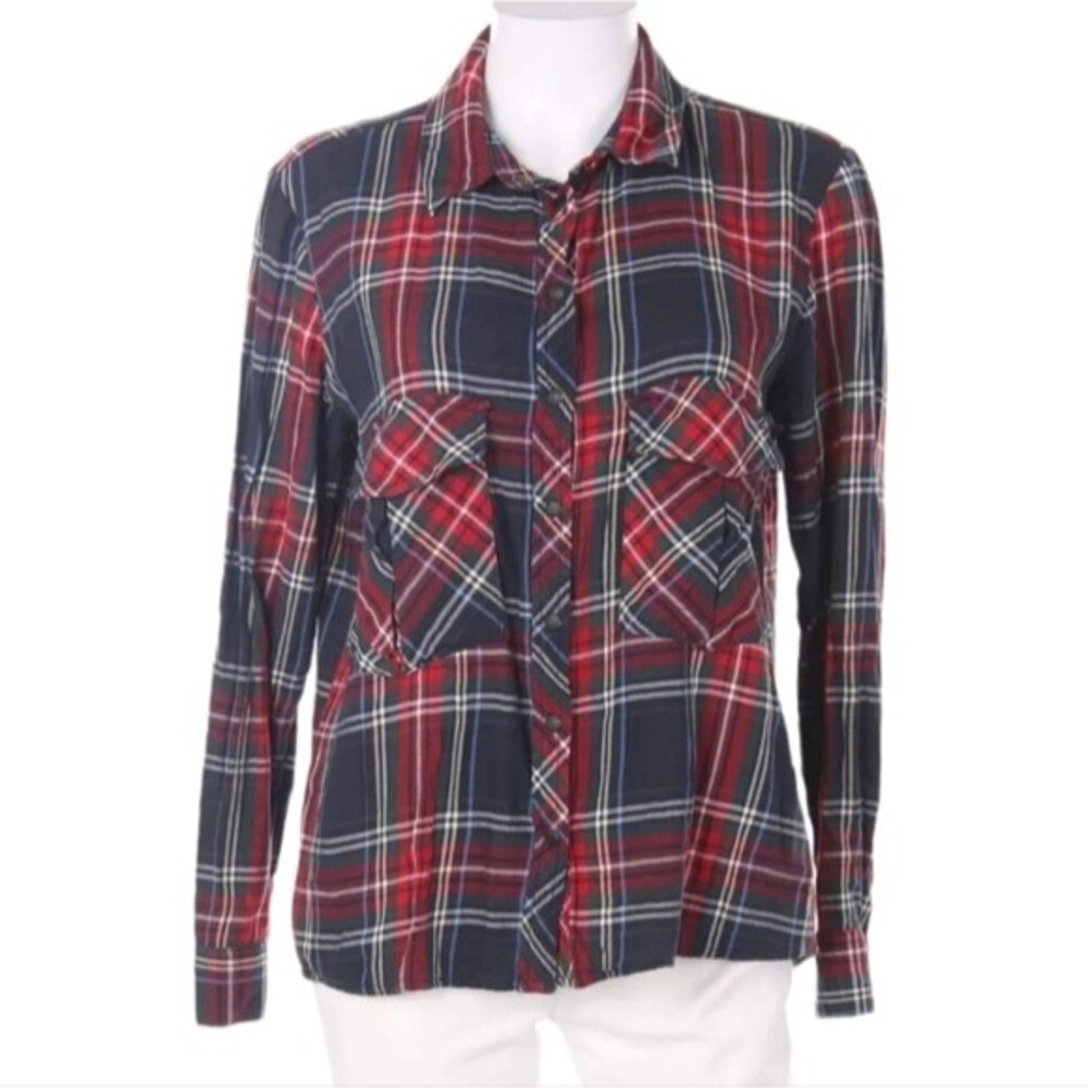 Zara Woman Premium Denim Flannel Plaid Snap Closure Roll Up Sleeve Women's XS